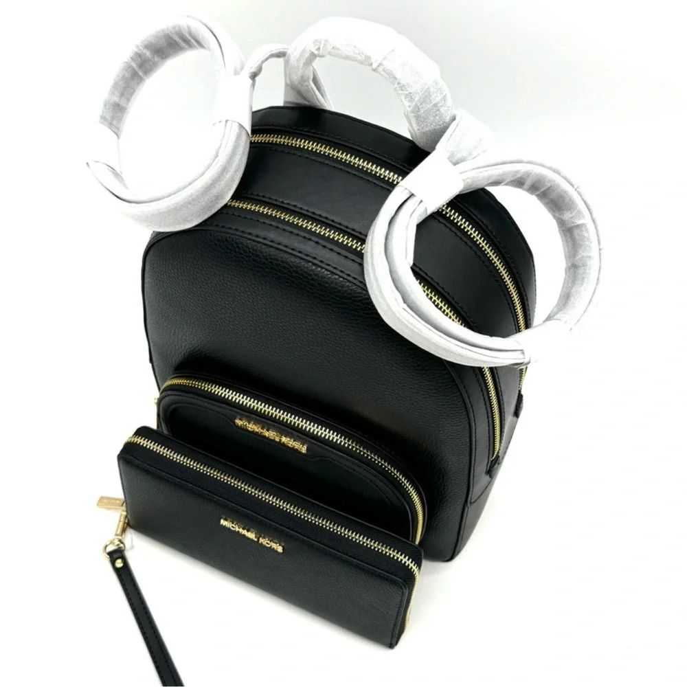 Michael Kors Medium Jaycee Backpack & Large Continental Wallet Black/Gold - Picture 11 of 14